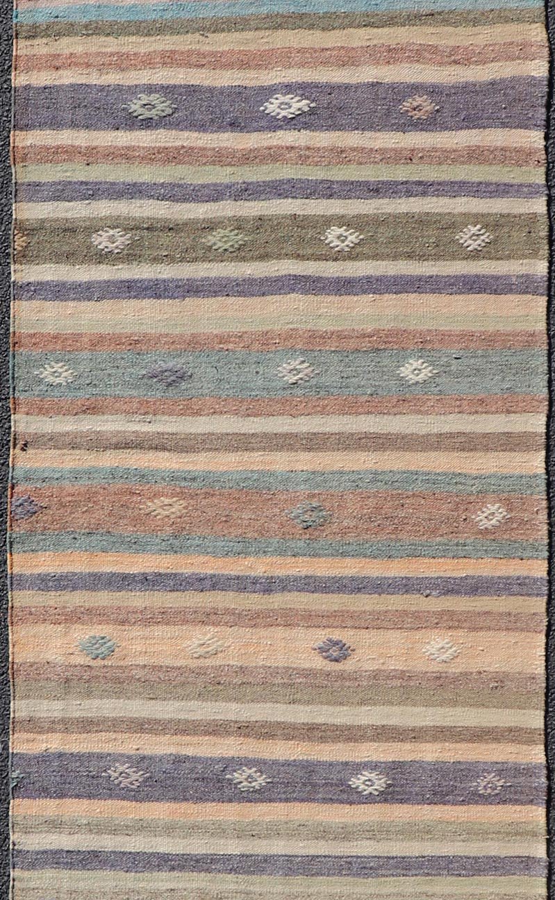 Measures: 2'8 x 9'4 Vintage Flat Weave Turkish Kilim Runner with Stripe and Modern Motif Design. Keivan Woven Arts / rug TU - NED - 5008, country of origin / type: Turkey / Kilim, circa 1950 This vintage flat - woven Kilim runner features a minimalist... - Keivan Woven ArtsTU - NED - 5008 - 22213Rug