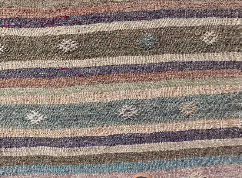 Measures: 2'8 x 9'4 Vintage Flat Weave Turkish Kilim Runner with Stripe and Modern Motif Design. Keivan Woven Arts / rug TU - NED - 5008, country of origin / type: Turkey / Kilim, circa 1950 This vintage flat - woven Kilim runner features a minimalist... - Keivan Woven ArtsTU - NED - 5008 - 22213Rug