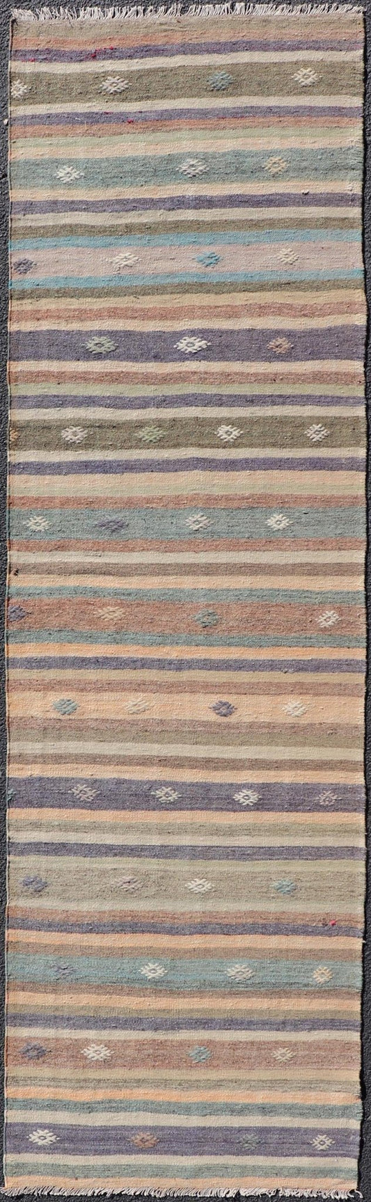 Measures: 2'8 x 9'4 Vintage Flat Weave Turkish Kilim Runner with Stripe and Modern Motif Design. Keivan Woven Arts / rug TU - NED - 5008, country of origin / type: Turkey / Kilim, circa 1950 This vintage flat - woven Kilim runner features a minimalist... - Keivan Woven ArtsTU - NED - 5008 - 22213