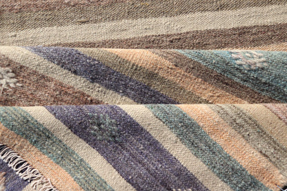 Measures: 2'8 x 9'4 Vintage Flat Weave Turkish Kilim Runner with Stripe and Modern Motif Design. Keivan Woven Arts / rug TU - NED - 5008, country of origin / type: Turkey / Kilim, circa 1950 This vintage flat - woven Kilim runner features a minimalist... - Keivan Woven ArtsTU - NED - 5008 - 22213Rug