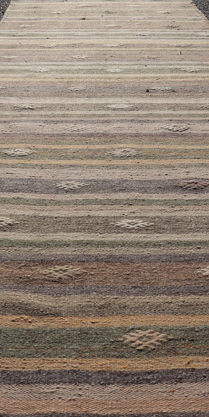 Measures: 2'11 x 10'8 Geometric Colorful Embroidered Vintage Turkish Flat - Weave Kilim Runner. Keivan Woven Arts / rug TU - NED - 5009, country of origin / type: Turkey / Kilim, circa 1950 This Kilim runner from Turkey features a striped design o... - Keivan Woven ArtsTU - NED - 5009 - 22219Rug