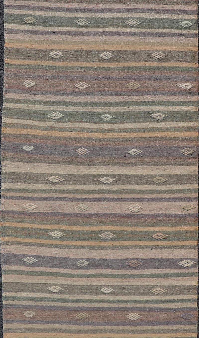Measures: 2'11 x 10'8 Geometric Colorful Embroidered Vintage Turkish Flat - Weave Kilim Runner. Keivan Woven Arts / rug TU - NED - 5009, country of origin / type: Turkey / Kilim, circa 1950 This Kilim runner from Turkey features a striped design o... - Keivan Woven ArtsTU - NED - 5009 - 22219Rug