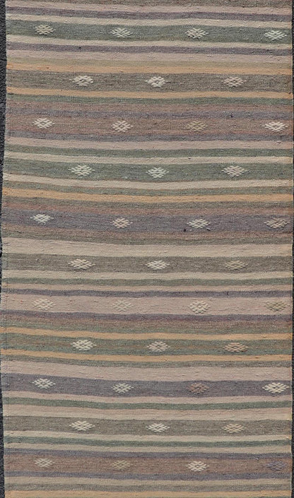 Measures: 2'11 x 10'8 Geometric Colorful Embroidered Vintage Turkish Flat - Weave Kilim Runner. Keivan Woven Arts / rug TU - NED - 5009, country of origin / type: Turkey / Kilim, circa 1950 This Kilim runner from Turkey features a striped design o... - Keivan Woven ArtsTU - NED - 5009 - 22219Rug