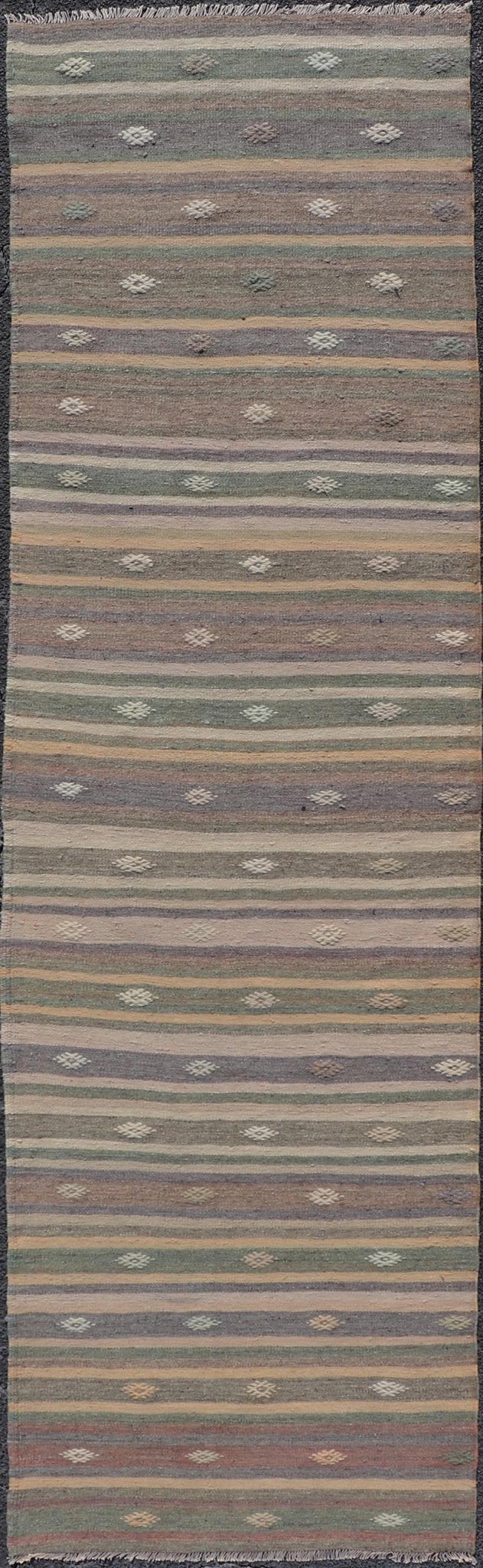 Measures: 2'11 x 10'8 Geometric Colorful Embroidered Vintage Turkish Flat - Weave Kilim Runner. Keivan Woven Arts / rug TU - NED - 5009, country of origin / type: Turkey / Kilim, circa 1950 This Kilim runner from Turkey features a striped design o... - Keivan Woven ArtsTU - NED - 5009 - 22219Rug