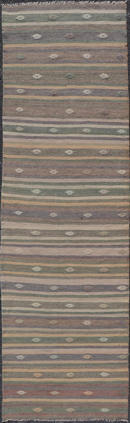 Measures: 2'11 x 10'8 Geometric Colorful Embroidered Vintage Turkish Flat - Weave Kilim Runner. Keivan Woven Arts / rug TU - NED - 5009, country of origin / type: Turkey / Kilim, circa 1950 This Kilim runner from Turkey features a striped design o... - Keivan Woven ArtsTU - NED - 5009 - 22219Rug