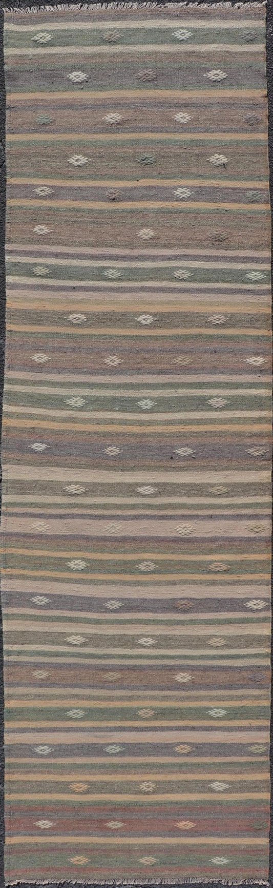 Measures: 2'11 x 10'8 Geometric Colorful Embroidered Vintage Turkish Flat - Weave Kilim Runner. Keivan Woven Arts / rug TU - NED - 5009, country of origin / type: Turkey / Kilim, circa 1950 This Kilim runner from Turkey features a striped design o... - Keivan Woven ArtsTU - NED - 5009 - 22219