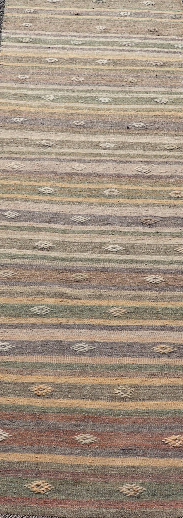 Measures: 2'11 x 10'8 Geometric Colorful Embroidered Vintage Turkish Flat - Weave Kilim Runner. Keivan Woven Arts / rug TU - NED - 5009, country of origin / type: Turkey / Kilim, circa 1950 This Kilim runner from Turkey features a striped design o... - Keivan Woven ArtsTU - NED - 5009 - 22219Rug