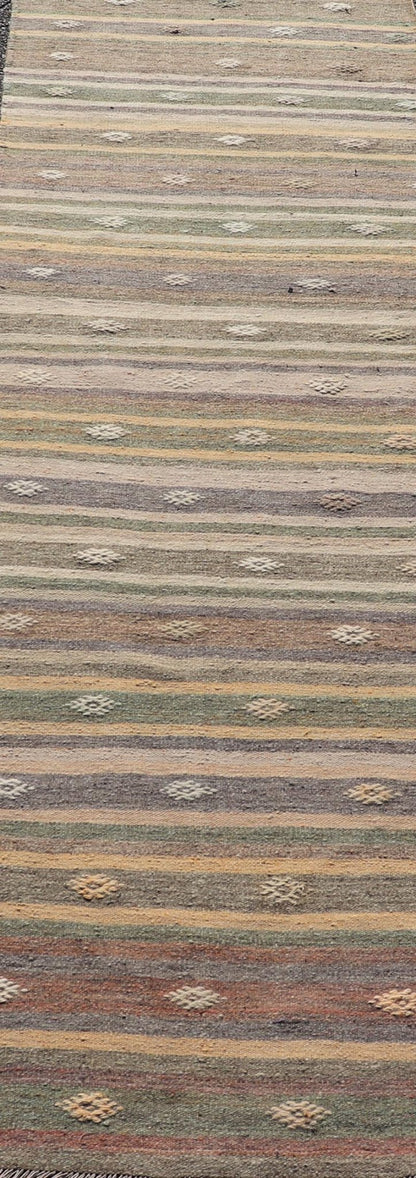 Measures: 2'11 x 10'8 Geometric Colorful Embroidered Vintage Turkish Flat - Weave Kilim Runner. Keivan Woven Arts / rug TU - NED - 5009, country of origin / type: Turkey / Kilim, circa 1950 This Kilim runner from Turkey features a striped design o... - Keivan Woven ArtsTU - NED - 5009 - 22219Rug