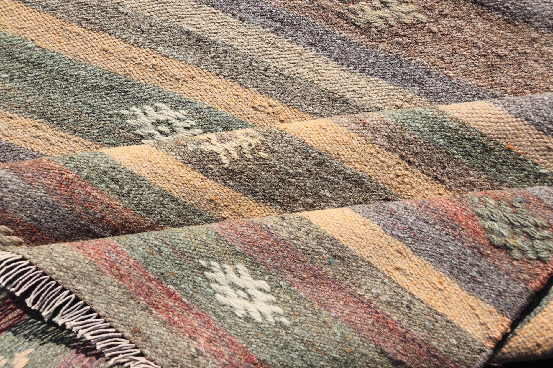 Measures: 2'11 x 10'8 Geometric Colorful Embroidered Vintage Turkish Flat - Weave Kilim Runner. Keivan Woven Arts / rug TU - NED - 5009, country of origin / type: Turkey / Kilim, circa 1950 This Kilim runner from Turkey features a striped design o... - Keivan Woven ArtsTU - NED - 5009 - 22219Rug