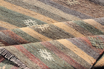 Measures: 2'11 x 10'8 Geometric Colorful Embroidered Vintage Turkish Flat - Weave Kilim Runner. Keivan Woven Arts / rug TU - NED - 5009, country of origin / type: Turkey / Kilim, circa 1950 This Kilim runner from Turkey features a striped design o... - Keivan Woven ArtsTU - NED - 5009 - 22219Rug