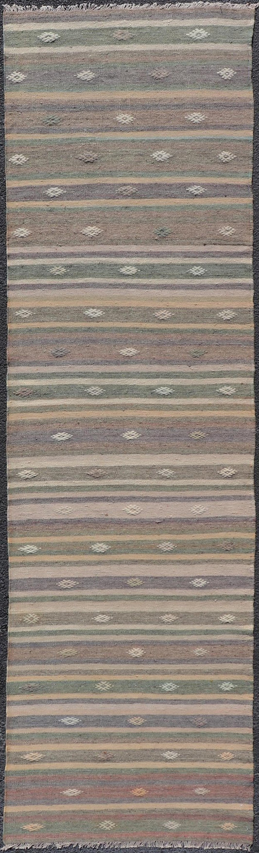 Measures: 3'0 x 10'9 Embroidered Geometric Colorful Vintage Turkish Flat - Weave Kilim Runner. Keivan Woven Arts / rug TU - NED - 5010, country of origin / type: Turkey / Kilim, circa 1950 This Kilim runner from Turkey features a striped design of ... - Keivan Woven ArtsTU - NED - 5010 - 22225