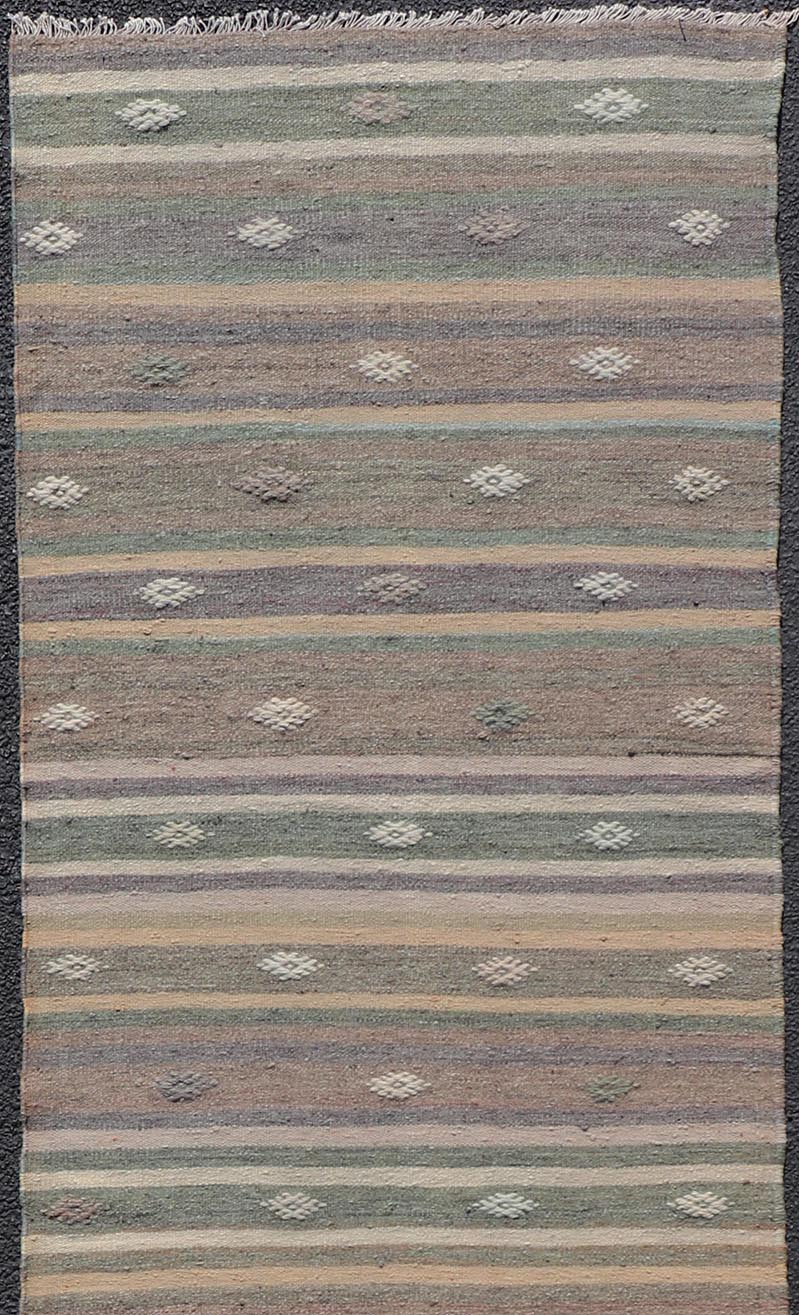 Measures: 3'0 x 10'9 Embroidered Geometric Colorful Vintage Turkish Flat - Weave Kilim Runner. Keivan Woven Arts / rug TU - NED - 5010, country of origin / type: Turkey / Kilim, circa 1950 This Kilim runner from Turkey features a striped design of ... - Keivan Woven ArtsTU - NED - 5010 - 22225Rug