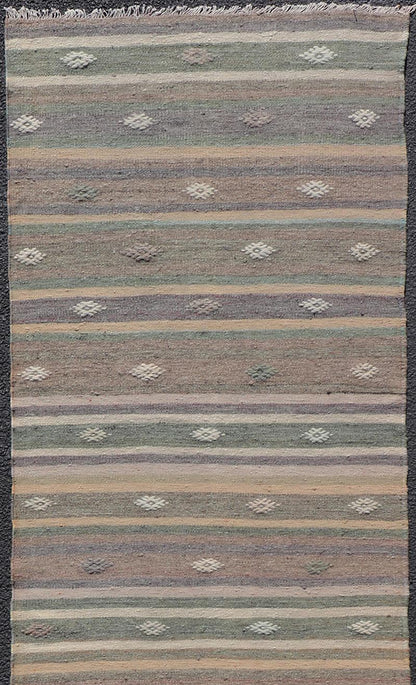 Measures: 3'0 x 10'9 Embroidered Geometric Colorful Vintage Turkish Flat - Weave Kilim Runner. Keivan Woven Arts / rug TU - NED - 5010, country of origin / type: Turkey / Kilim, circa 1950 This Kilim runner from Turkey features a striped design of ... - Keivan Woven ArtsTU - NED - 5010 - 22225Rug
