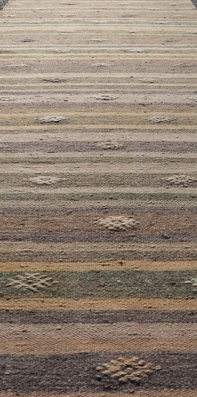Measures: 3'0 x 10'9 Embroidered Geometric Colorful Vintage Turkish Flat - Weave Kilim Runner. Keivan Woven Arts / rug TU - NED - 5010, country of origin / type: Turkey / Kilim, circa 1950 This Kilim runner from Turkey features a striped design of ... - Keivan Woven ArtsTU - NED - 5010 - 22225Rug