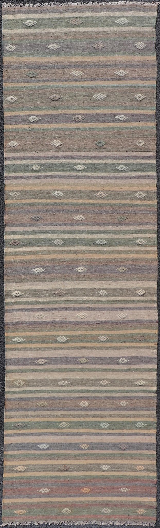 Measures: 3'0 x 10'9 Embroidered Geometric Colorful Vintage Turkish Flat - Weave Kilim Runner. Keivan Woven Arts / rug TU - NED - 5010, country of origin / type: Turkey / Kilim, circa 1950 This Kilim runner from Turkey features a striped design of ... - Keivan Woven ArtsTU - NED - 5010 - 22225Rug