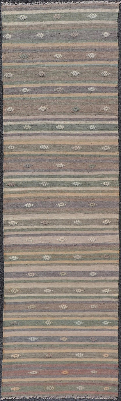 Measures: 3'0 x 10'9 Embroidered Geometric Colorful Vintage Turkish Flat - Weave Kilim Runner. Keivan Woven Arts / rug TU - NED - 5010, country of origin / type: Turkey / Kilim, circa 1950 This Kilim runner from Turkey features a striped design of ... - Keivan Woven ArtsTU - NED - 5010 - 22225Rug
