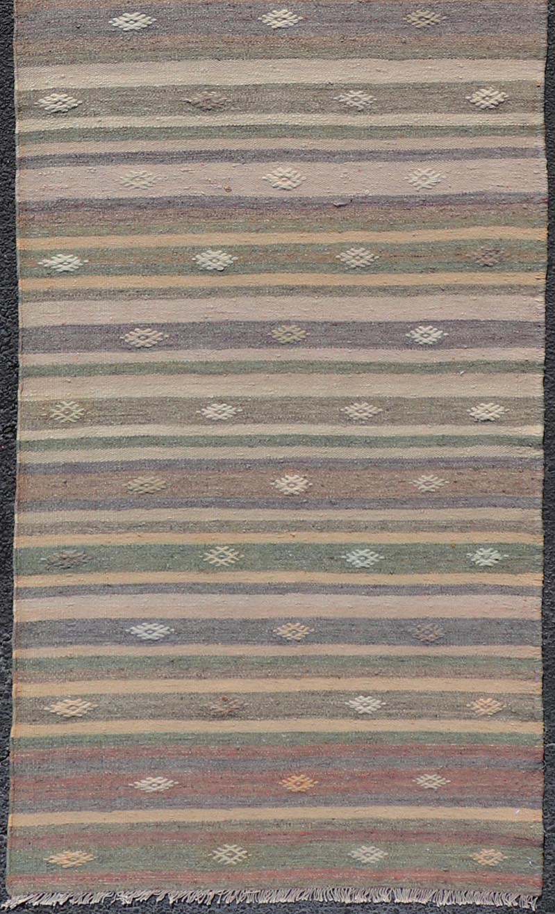 Measures: 3'0 x 10'9 Embroidered Geometric Colorful Vintage Turkish Flat - Weave Kilim Runner. Keivan Woven Arts / rug TU - NED - 5010, country of origin / type: Turkey / Kilim, circa 1950 This Kilim runner from Turkey features a striped design of ... - Keivan Woven ArtsTU - NED - 5010 - 22225Rug