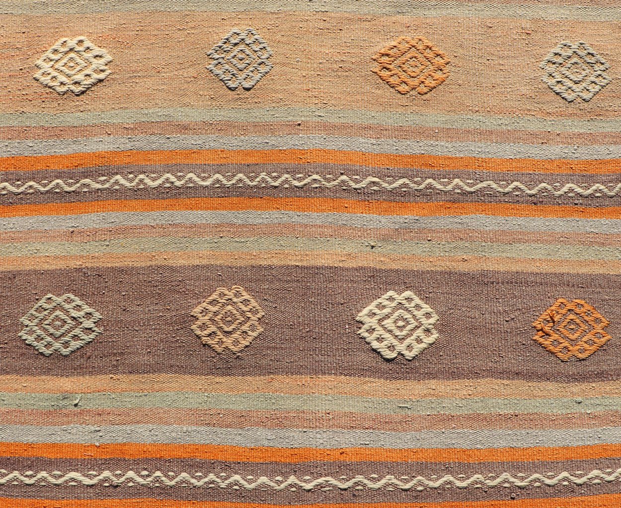 Measures: 3'4 x 11'3 Turkish Vintage Flat - Weave Kilim in Muted Colors with Stripes and Embroideries. Keivan Woven Arts: rug TU - NED - 5011 / mid 20th century Turkey. This charming vintage flat weave Kilim was hand woven in Turkey during the 195... - Keivan Woven ArtsTU - NED - 5011 - 23006Rug