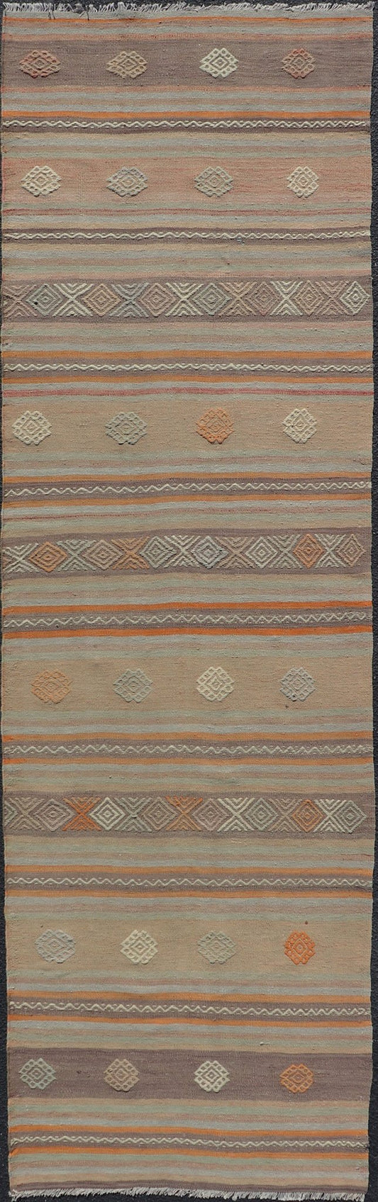 Measures: 3'4 x 11'0 Vintage Turkish Flat - Weave Kilim in Muted Colors with Stripes and Embroideries. Keivan Woven Arts: rug TU - NED - 5012 / mid 20th century Turkey. This charming vintage flat weave Kilim was hand woven in Turkey during the 19... - Keivan Woven ArtsTU - NED - 5012 - 23012Rug