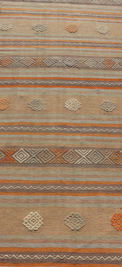 Measures: 3'4 x 11'0 Vintage Turkish Flat - Weave Kilim in Muted Colors with Stripes and Embroideries. Keivan Woven Arts: rug TU - NED - 5012 / mid 20th century Turkey. This charming vintage flat weave Kilim was hand woven in Turkey during the 19... - Keivan Woven ArtsTU - NED - 5012 - 23012Rug