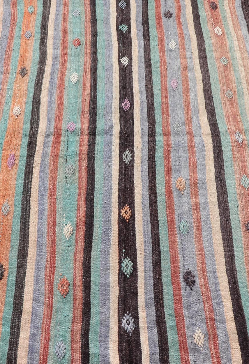 Measures: 3'7 x 5'7 Vintage Turkish Kilim in Multi Colors and Geometric Tribal Motifs. Keivan Woven Arts/ rug/ TU - NED - 5014, country of origin / type: Turkey / Kilim, circa mid - 20th century Featuring a repeating stripe design, this unique midc... - Keivan Woven ArtsTU - NED - 5014 - 22231Rug