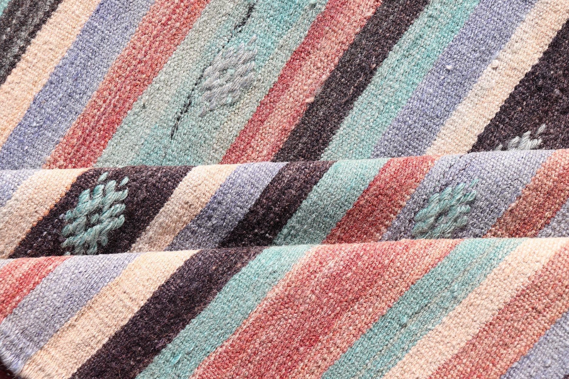 Measures: 3'7 x 5'7 Vintage Turkish Kilim in Multi Colors and Geometric Tribal Motifs. Keivan Woven Arts/ rug/ TU - NED - 5014, country of origin / type: Turkey / Kilim, circa mid - 20th century Featuring a repeating stripe design, this unique midc... - Keivan Woven ArtsTU - NED - 5014 - 22231Rug
