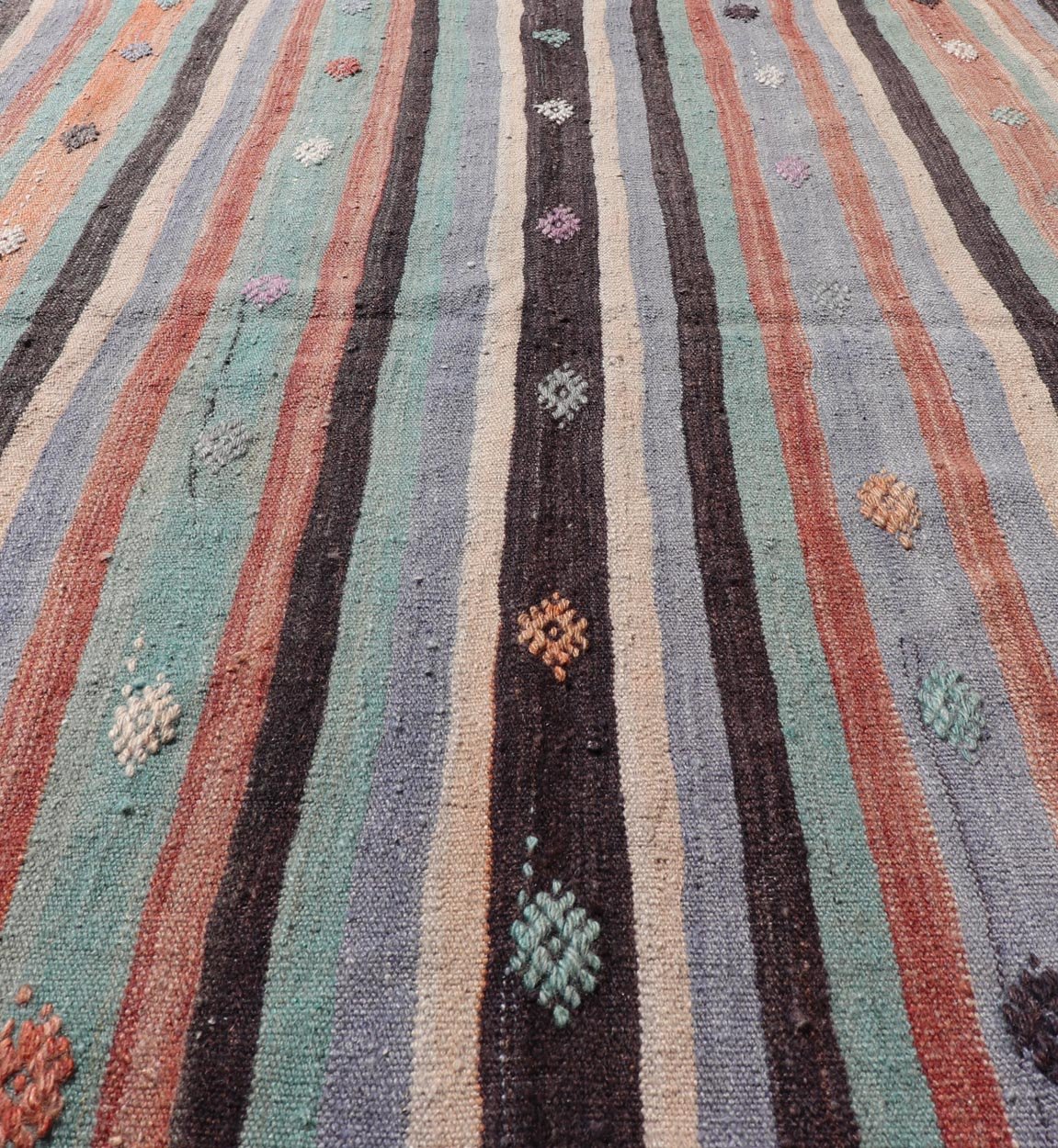Measures: 3'7 x 5'7 Vintage Turkish Kilim in Multi Colors and Geometric Tribal Motifs. Keivan Woven Arts/ rug/ TU - NED - 5014, country of origin / type: Turkey / Kilim, circa mid - 20th century Featuring a repeating stripe design, this unique midc... - Keivan Woven ArtsTU - NED - 5014 - 22231Rug