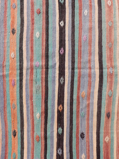 Measures: 3'7 x 5'7 Vintage Turkish Kilim in Multi Colors and Geometric Tribal Motifs. Keivan Woven Arts/ rug/ TU - NED - 5014, country of origin / type: Turkey / Kilim, circa mid - 20th century Featuring a repeating stripe design, this unique midc... - Keivan Woven ArtsTU - NED - 5014 - 22231Rug