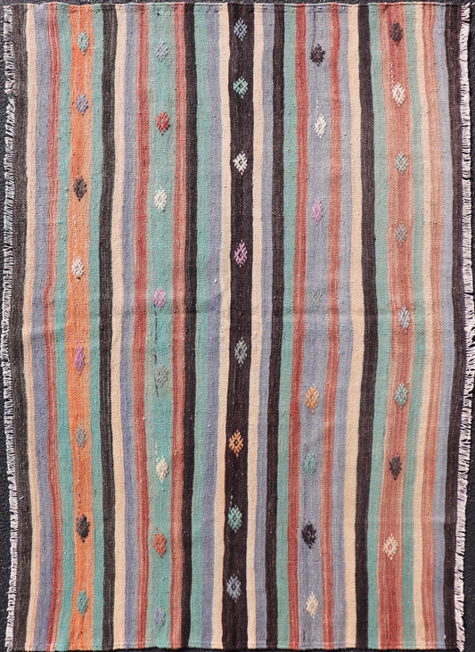 Measures: 3'7 x 5'7 Vintage Turkish Kilim in Multi Colors and Geometric Tribal Motifs. Keivan Woven Arts/ rug/ TU - NED - 5014, country of origin / type: Turkey / Kilim, circa mid - 20th century Featuring a repeating stripe design, this unique midc... - Keivan Woven ArtsTU - NED - 5014 - 22231