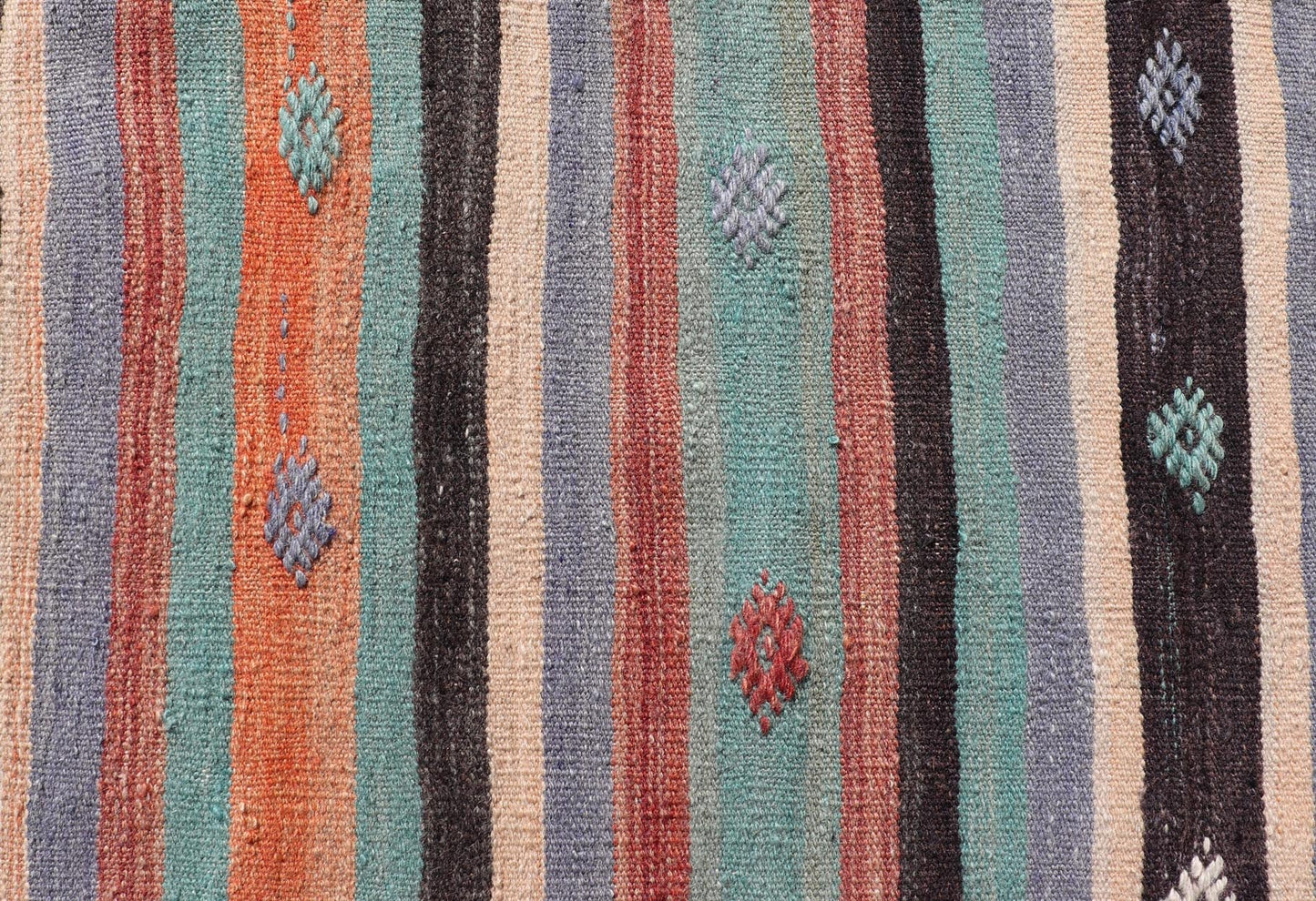 Measures: 3'7 x 5'7 Vintage Turkish Kilim in Multi Colors and Geometric Tribal Motifs. Keivan Woven Arts/ rug/ TU - NED - 5014, country of origin / type: Turkey / Kilim, circa mid - 20th century Featuring a repeating stripe design, this unique midc... - Keivan Woven ArtsTU - NED - 5014 - 22231Rug