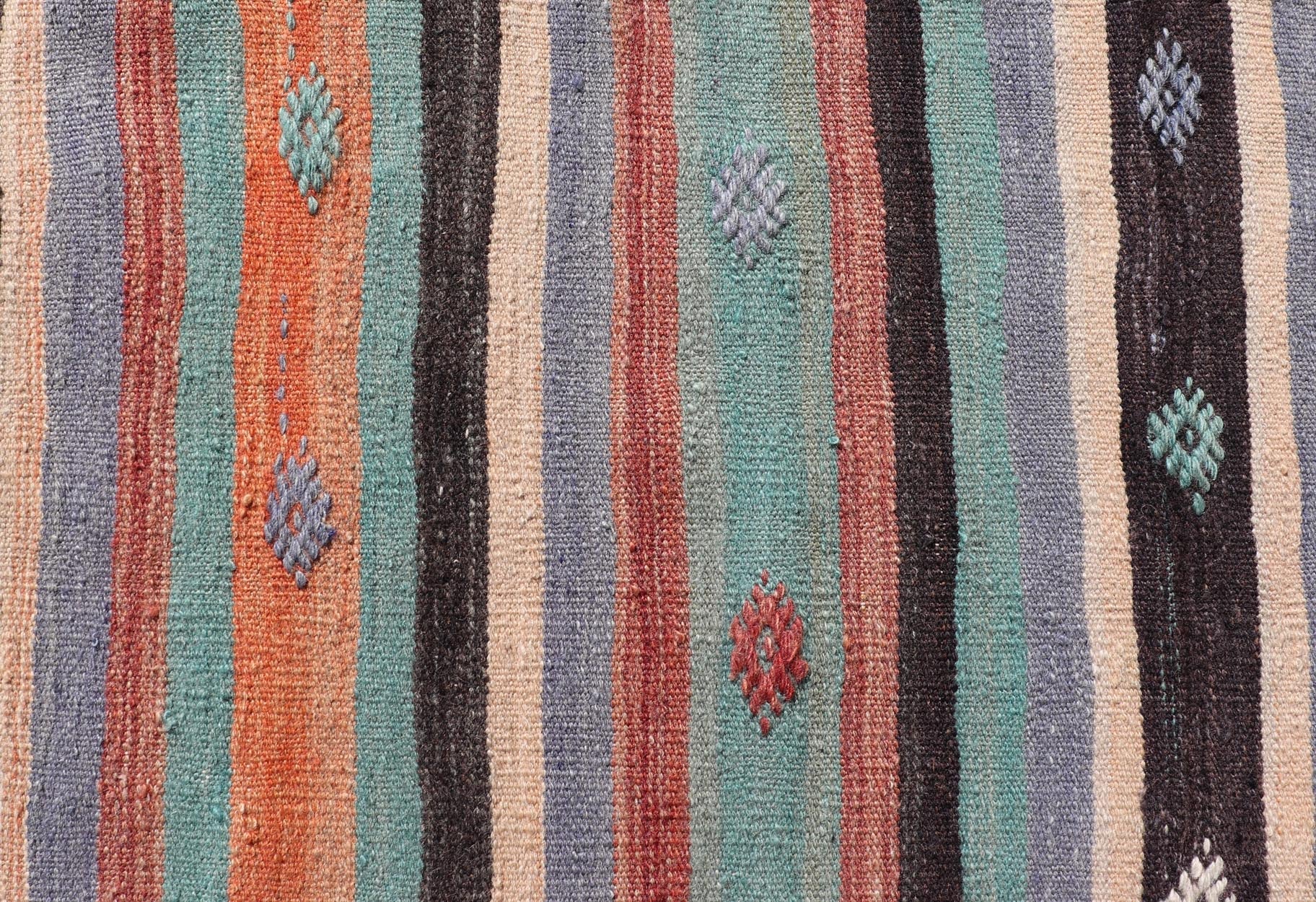 Measures: 3'7 x 5'7 Vintage Turkish Kilim in Multi Colors and Geometric Tribal Motifs. Keivan Woven Arts/ rug/ TU - NED - 5014, country of origin / type: Turkey / Kilim, circa mid - 20th century Featuring a repeating stripe design, this unique midc... - Keivan Woven ArtsTU - NED - 5014 - 22231Rug