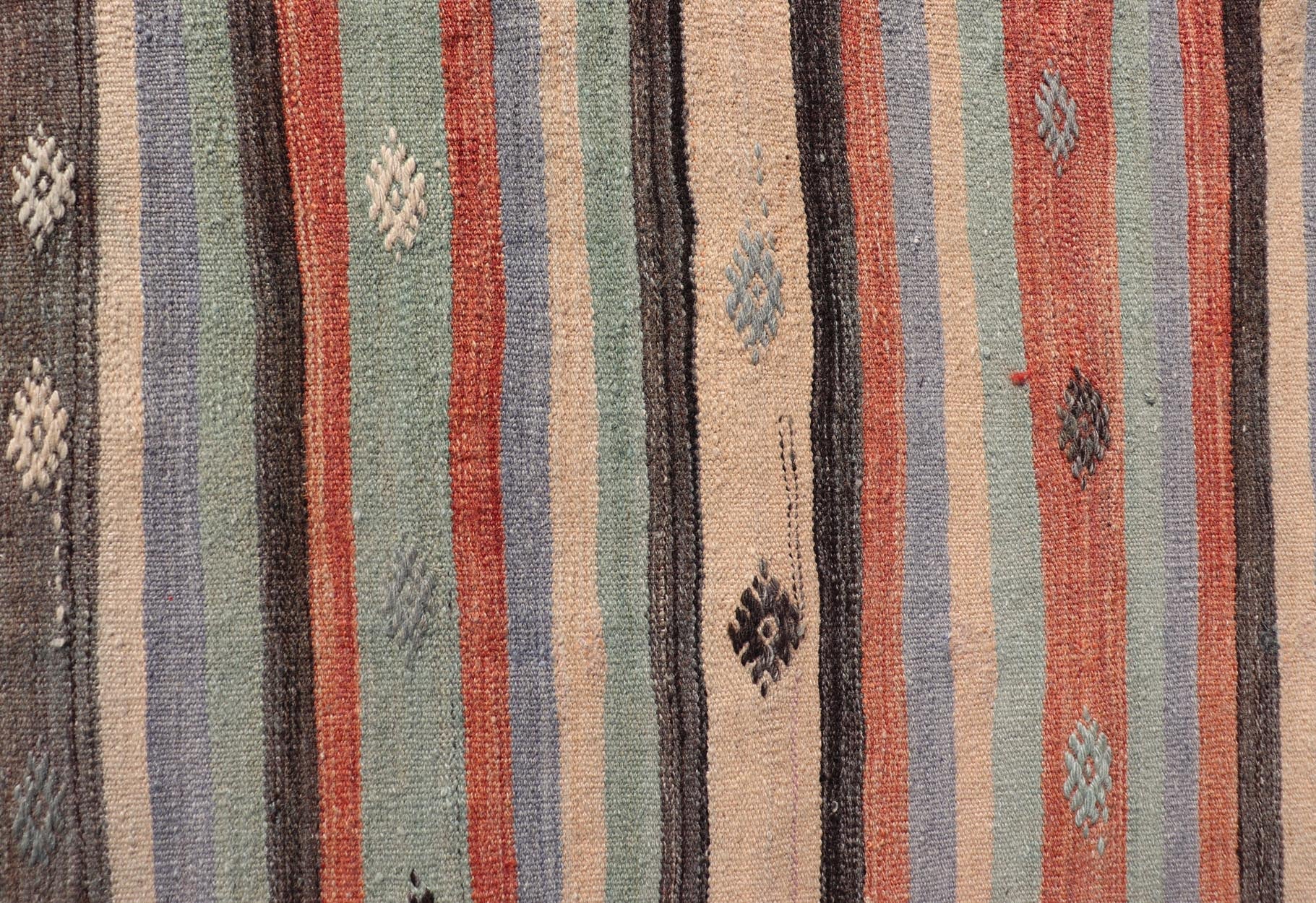 Measures: 3'8 x 5'8 Vintage Stripe Turkish Kilim in Multi Colors and Geometric Tribal Motifs. Keivan Woven Arts/ rug/ TU - NED - 5015, country of origin / type: Turkey / Kilim, circa mid - 20th century Featuring a repeating stripe design, this unique ... - Keivan Woven ArtsTU - NED - 5015 - 22237Rug