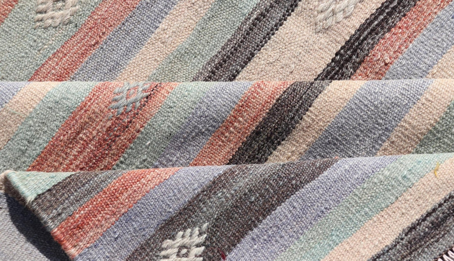 Measures: 3'8 x 5'8 Vintage Stripe Turkish Kilim in Multi Colors and Geometric Tribal Motifs. Keivan Woven Arts/ rug/ TU - NED - 5015, country of origin / type: Turkey / Kilim, circa mid - 20th century Featuring a repeating stripe design, this unique ... - Keivan Woven ArtsTU - NED - 5015 - 22237Rug