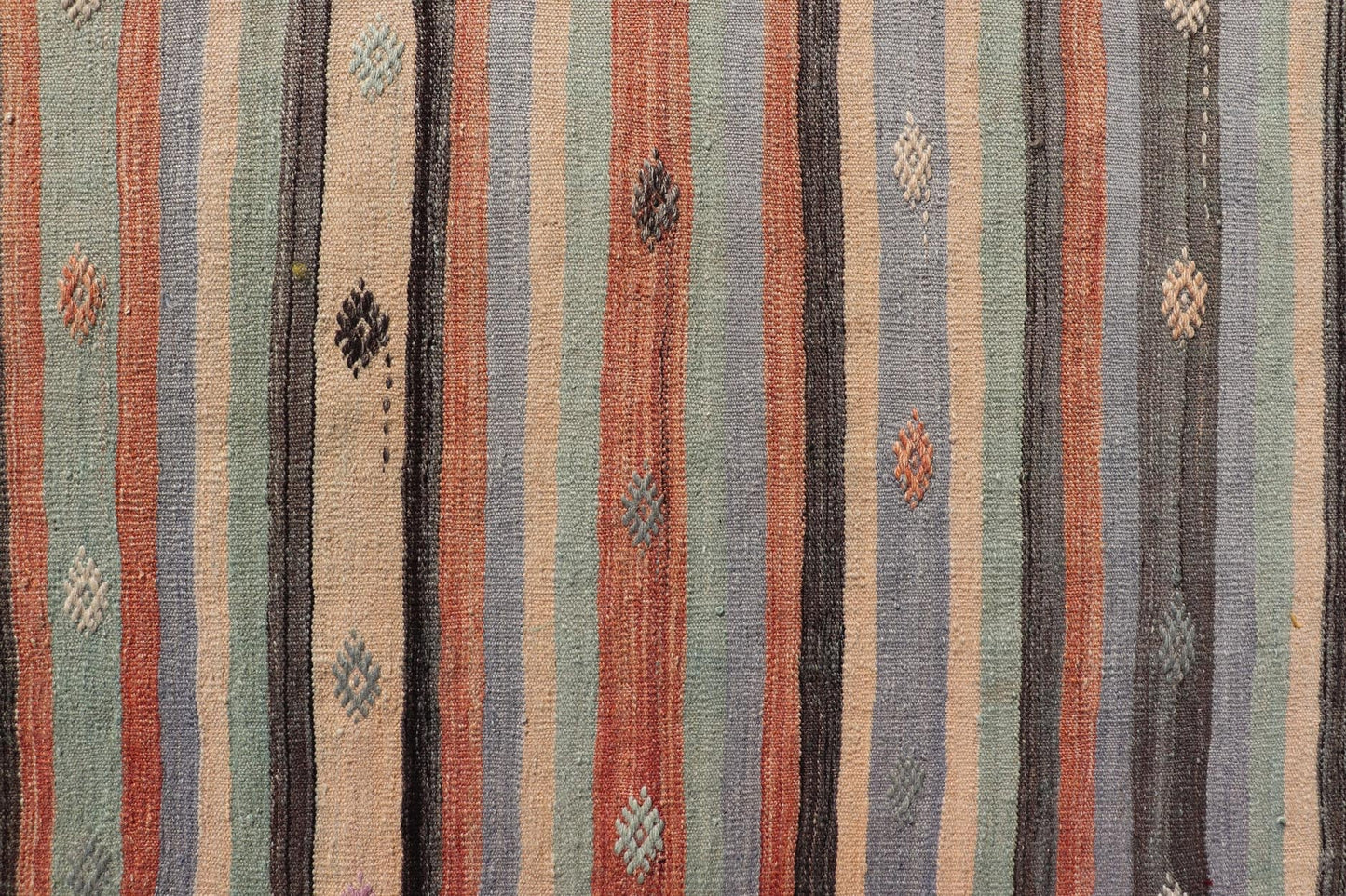 Measures: 3'8 x 5'8 Vintage Stripe Turkish Kilim in Multi Colors and Geometric Tribal Motifs. Keivan Woven Arts/ rug/ TU - NED - 5015, country of origin / type: Turkey / Kilim, circa mid - 20th century Featuring a repeating stripe design, this unique ... - Keivan Woven ArtsTU - NED - 5015 - 22237Rug