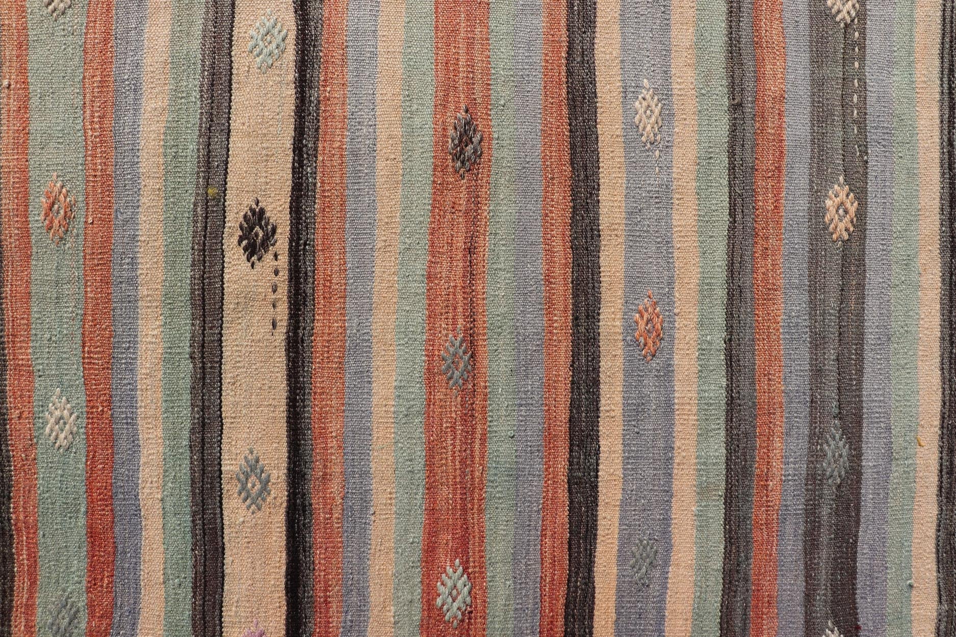 Measures: 3'8 x 5'8 Vintage Stripe Turkish Kilim in Multi Colors and Geometric Tribal Motifs. Keivan Woven Arts/ rug/ TU - NED - 5015, country of origin / type: Turkey / Kilim, circa mid - 20th century Featuring a repeating stripe design, this unique ... - Keivan Woven ArtsTU - NED - 5015 - 22237Rug
