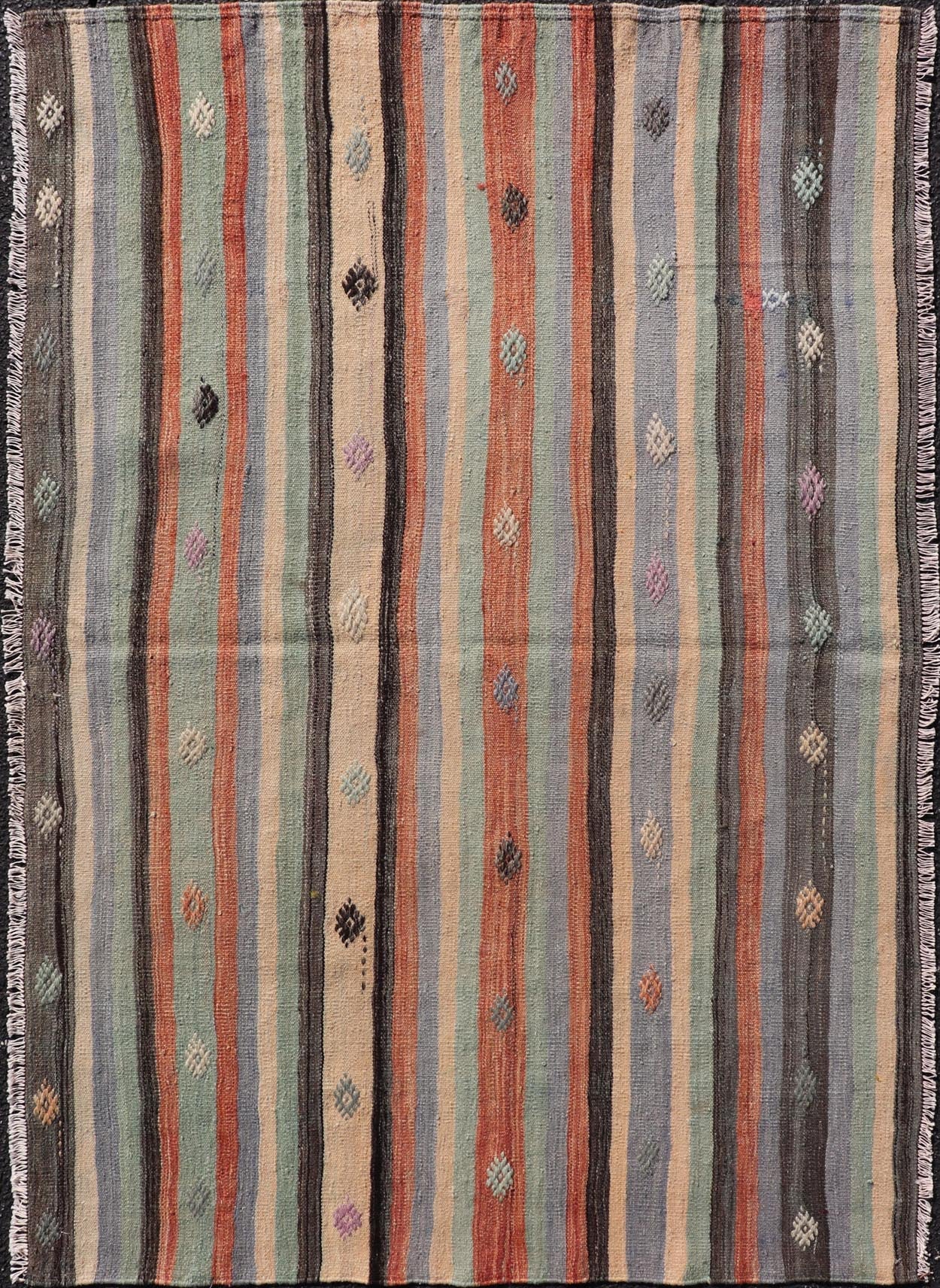 Measures: 3'8 x 5'8 Vintage Stripe Turkish Kilim in Multi Colors and Geometric Tribal Motifs. Keivan Woven Arts/ rug/ TU - NED - 5015, country of origin / type: Turkey / Kilim, circa mid - 20th century Featuring a repeating stripe design, this unique ... - Keivan Woven ArtsTU - NED - 5015 - 22237Rug