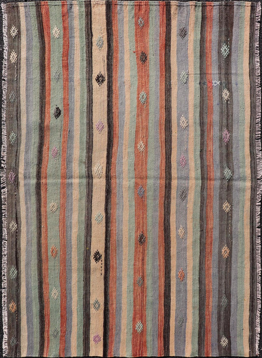 Measures: 3'8 x 5'8 Vintage Stripe Turkish Kilim in Multi Colors and Geometric Tribal Motifs. Keivan Woven Arts/ rug/ TU - NED - 5015, country of origin / type: Turkey / Kilim, circa mid - 20th century Featuring a repeating stripe design, this unique ... - Keivan Woven ArtsTU - NED - 5015 - 22237