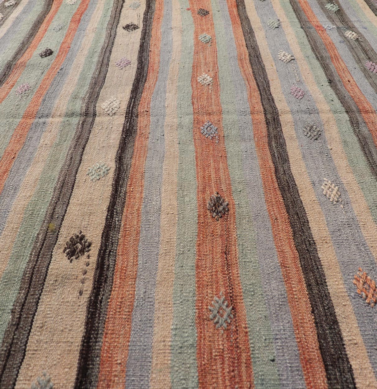 Measures: 3'8 x 5'8 Vintage Stripe Turkish Kilim in Multi Colors and Geometric Tribal Motifs. Keivan Woven Arts/ rug/ TU - NED - 5015, country of origin / type: Turkey / Kilim, circa mid - 20th century Featuring a repeating stripe design, this unique ... - Keivan Woven ArtsTU - NED - 5015 - 22237Rug