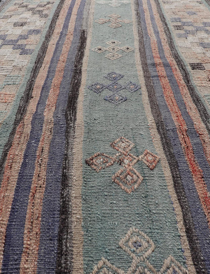 Measures: 3'1 x 5'7 Stripe Design Turkish Vintage Flat - Weave Rug In Light Green, Purple, and Peach. Keivan Woven Arts / rug TU - NED - 5016, country of origin / type: Turkey / Kilim, circa 1960 This vintage Turkish Kilim rug features a contemporary ... - Keivan Woven ArtsTU - NED - 5016 - 21706Rug