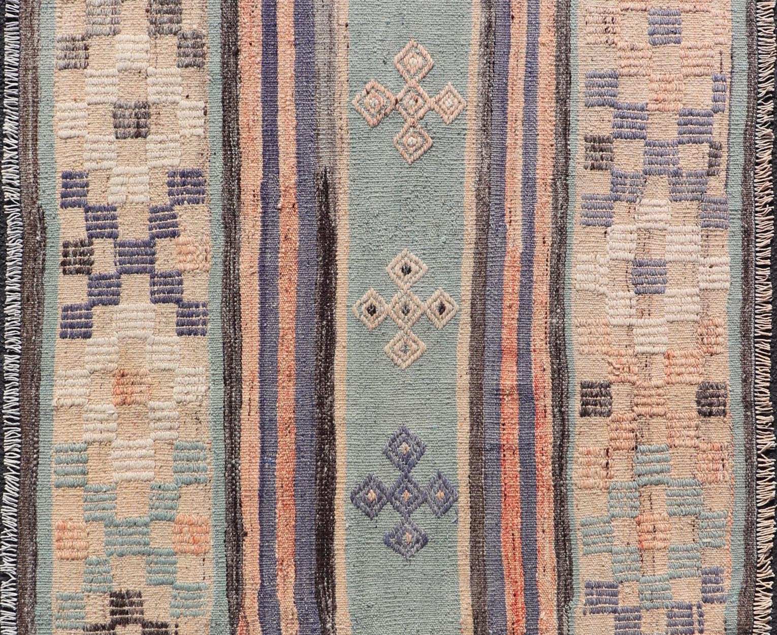 Measures: 3'1 x 5'7 Stripe Design Turkish Vintage Flat - Weave Rug In Light Green, Purple, and Peach. Keivan Woven Arts / rug TU - NED - 5016, country of origin / type: Turkey / Kilim, circa 1960 This vintage Turkish Kilim rug features a contemporary ... - Keivan Woven ArtsTU - NED - 5016 - 21706Rug