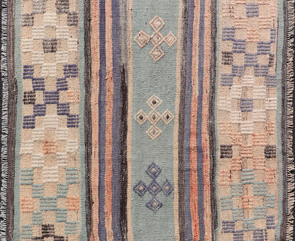 Measures: 3'1 x 5'7 Stripe Design Turkish Vintage Flat - Weave Rug In Light Green, Purple, and Peach. Keivan Woven Arts / rug TU - NED - 5016, country of origin / type: Turkey / Kilim, circa 1960 This vintage Turkish Kilim rug features a contemporary ... - Keivan Woven ArtsTU - NED - 5016 - 21706Rug
