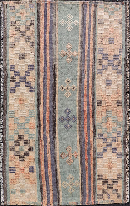 Measures: 3'1 x 5'7 Stripe Design Turkish Vintage Flat - Weave Rug In Light Green, Purple, and Peach. Keivan Woven Arts / rug TU - NED - 5016, country of origin / type: Turkey / Kilim, circa 1960 This vintage Turkish Kilim rug features a contemporary ... - Keivan Woven ArtsTU - NED - 5016 - 21706Rug