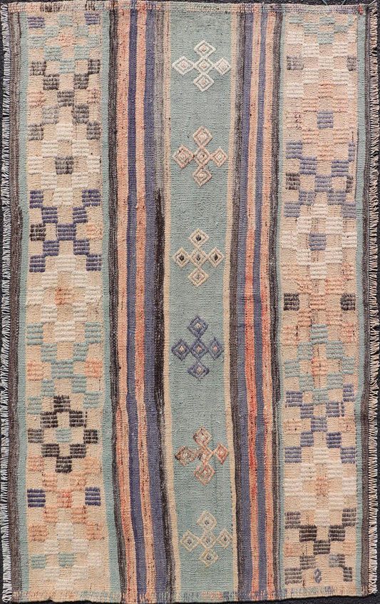 Measures: 3'1 x 5'7 Stripe Design Turkish Vintage Flat - Weave Rug In Light Green, Purple, and Peach. Keivan Woven Arts / rug TU - NED - 5016, country of origin / type: Turkey / Kilim, circa 1960 This vintage Turkish Kilim rug features a contemporary ... - Keivan Woven ArtsTU - NED - 5016 - 21706Rug