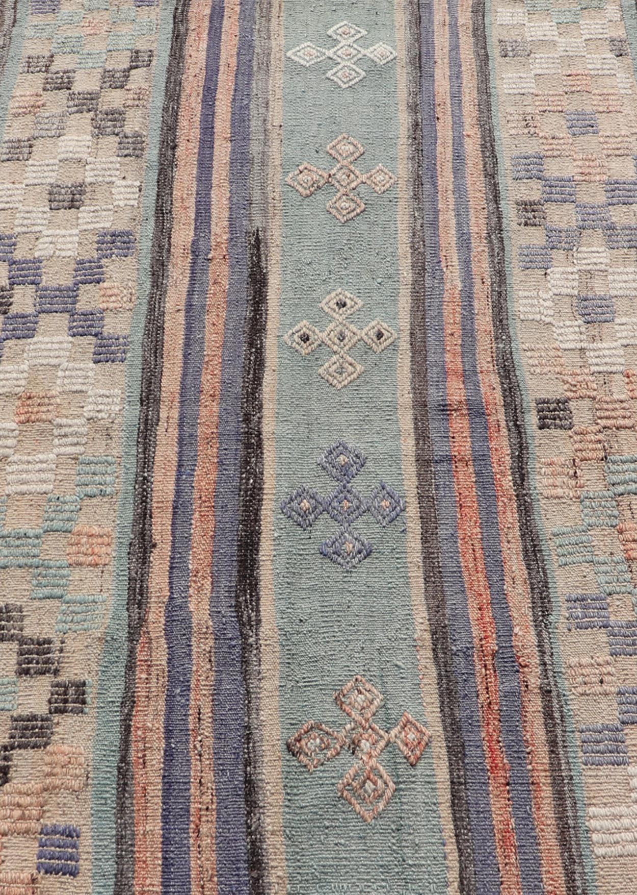 Measures: 3'1 x 5'7 Stripe Design Turkish Vintage Flat - Weave Rug In Light Green, Purple, and Peach. Keivan Woven Arts / rug TU - NED - 5016, country of origin / type: Turkey / Kilim, circa 1960 This vintage Turkish Kilim rug features a contemporary ... - Keivan Woven ArtsTU - NED - 5016 - 21706Rug