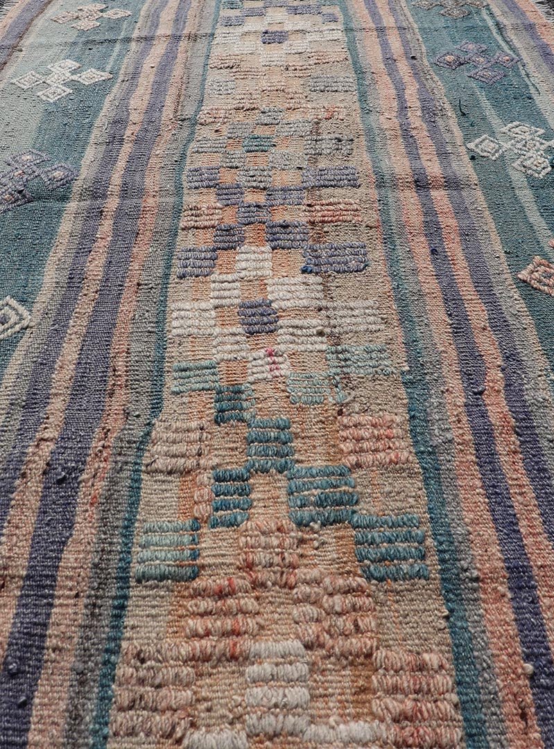 Measures: 2'6 x 5'6 Stripe Design Turkish Vintage Flat - Weave Rug In Light Green, Purple, and Peach. Keivan Woven Arts / rug TU - NED - 5017, country of origin / type: Turkey / Kilim, circa 1960 This vintage Turkish Kilim rug features a contemporary ... - Keivan Woven ArtsTU - NED - 5017 - 21681Rug