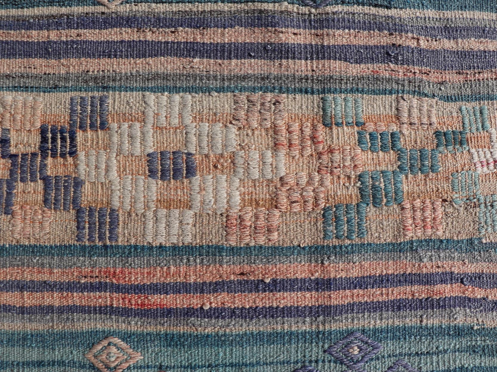 Measures: 2'6 x 5'6 Stripe Design Turkish Vintage Flat - Weave Rug In Light Green, Purple, and Peach. Keivan Woven Arts / rug TU - NED - 5017, country of origin / type: Turkey / Kilim, circa 1960 This vintage Turkish Kilim rug features a contemporary ... - Keivan Woven ArtsTU - NED - 5017 - 21681Rug