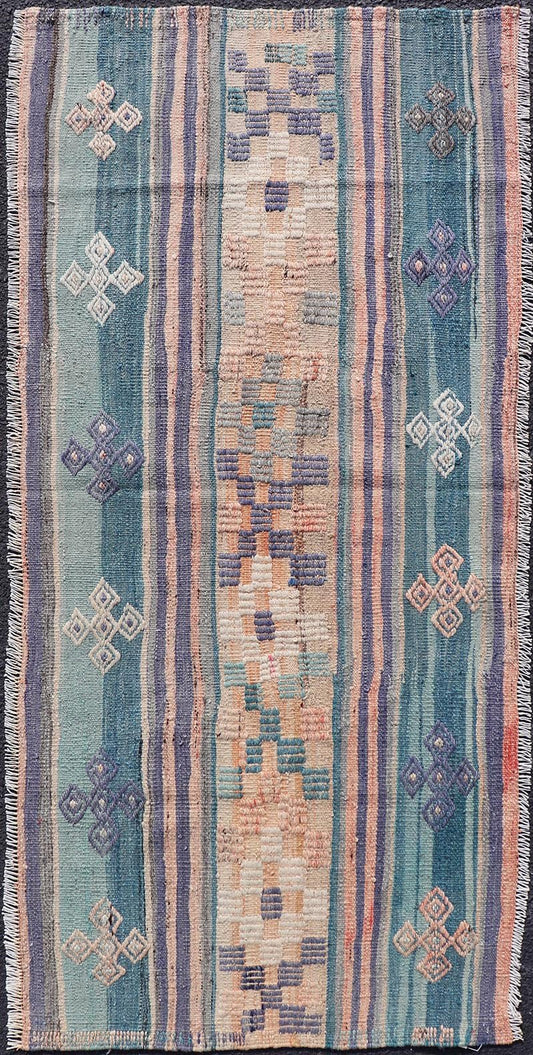 Measures: 2'6 x 5'6 Stripe Design Turkish Vintage Flat - Weave Rug In Light Green, Purple, and Peach. Keivan Woven Arts / rug TU - NED - 5017, country of origin / type: Turkey / Kilim, circa 1960 This vintage Turkish Kilim rug features a contemporary ... - Keivan Woven ArtsTU - NED - 5017 - 21681Rug