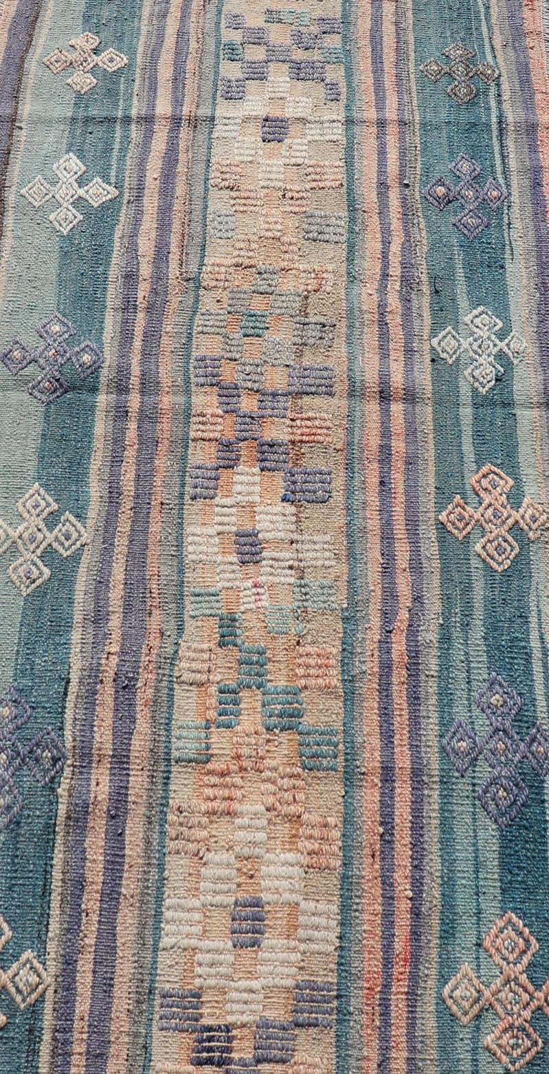 Measures: 2'6 x 5'6 Stripe Design Turkish Vintage Flat - Weave Rug In Light Green, Purple, and Peach. Keivan Woven Arts / rug TU - NED - 5017, country of origin / type: Turkey / Kilim, circa 1960 This vintage Turkish Kilim rug features a contemporary ... - Keivan Woven ArtsTU - NED - 5017 - 21681Rug