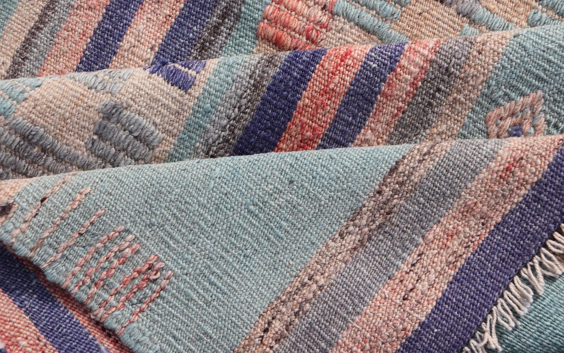 Measures: 3'6 x 5'5 Stripe Design Turkish Vintage Flat - Weave Rug In Light Green, Purple, and Peach. Keivan Woven Arts / rug TU - NED - 5018, country of origin / type: Turkey / Kilim, circa 1960 This vintage Turkish Kilim rug features a contemporary ... - Keivan Woven ArtsTU - NED - 5018 - 22255Rug