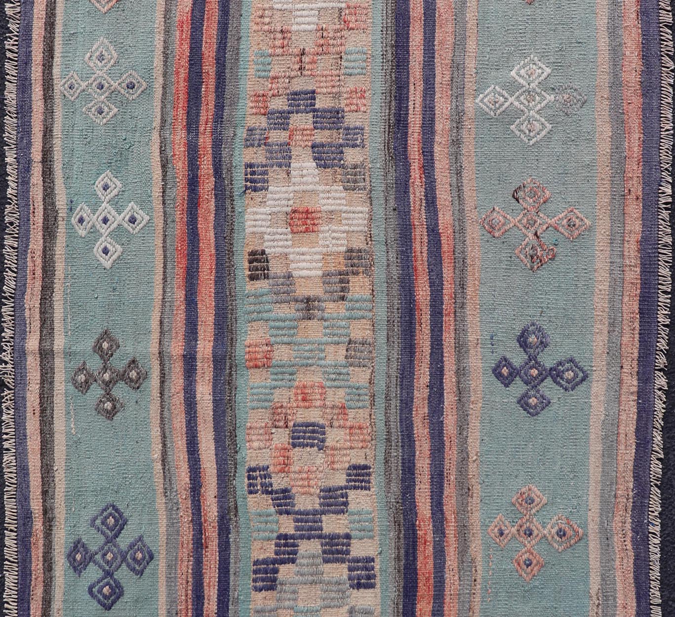 Measures: 3'6 x 5'5 Stripe Design Turkish Vintage Flat - Weave Rug In Light Green, Purple, and Peach. Keivan Woven Arts / rug TU - NED - 5018, country of origin / type: Turkey / Kilim, circa 1960 This vintage Turkish Kilim rug features a contemporary ... - Keivan Woven ArtsTU - NED - 5018 - 22255Rug